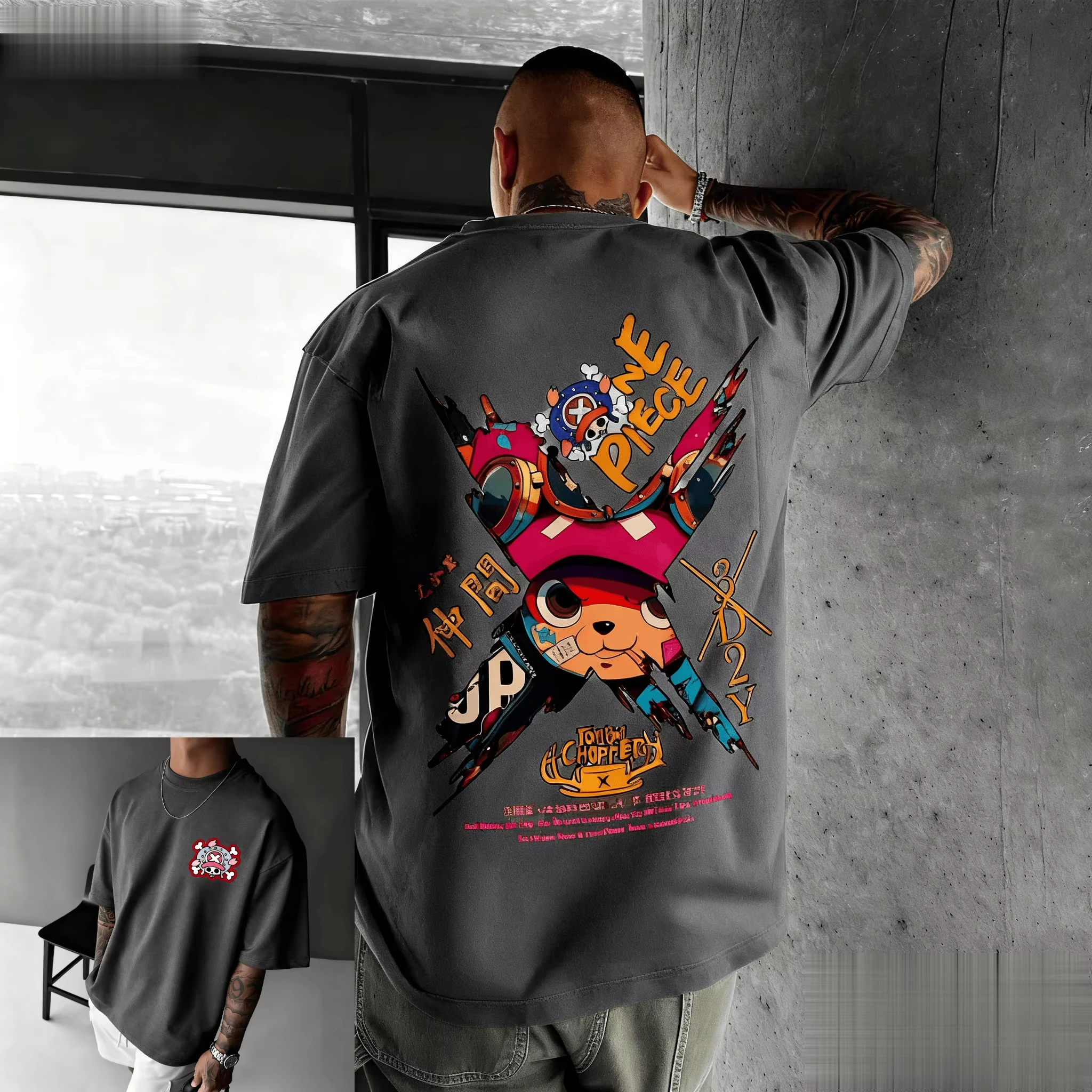 Maglietta sportiva casual oversize in cotone di alta qualità One Piece Chopper Cappello rosa Armi incrociate Stampa posteriore Design anime