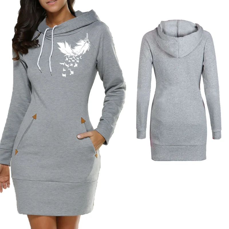 Sudadera con capucha para mujer, vestido con estampado de plumas, manga larga, bolsillo, Bodycon, informal, cremallera, Otoño, nuevo