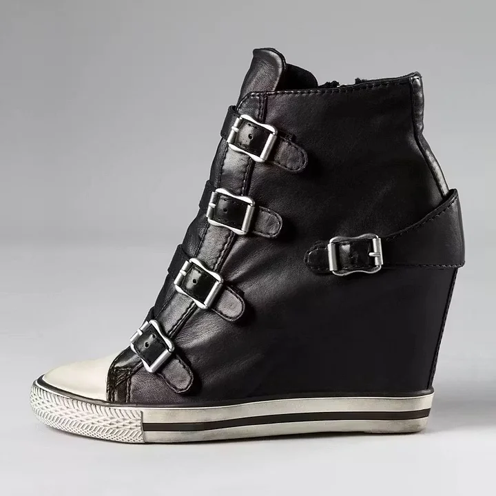Black White Colorblock Hidden Wedge High Top Sneaker Boots Multi Metal Buckle Straps Punk Street Casual Fashion Shoes