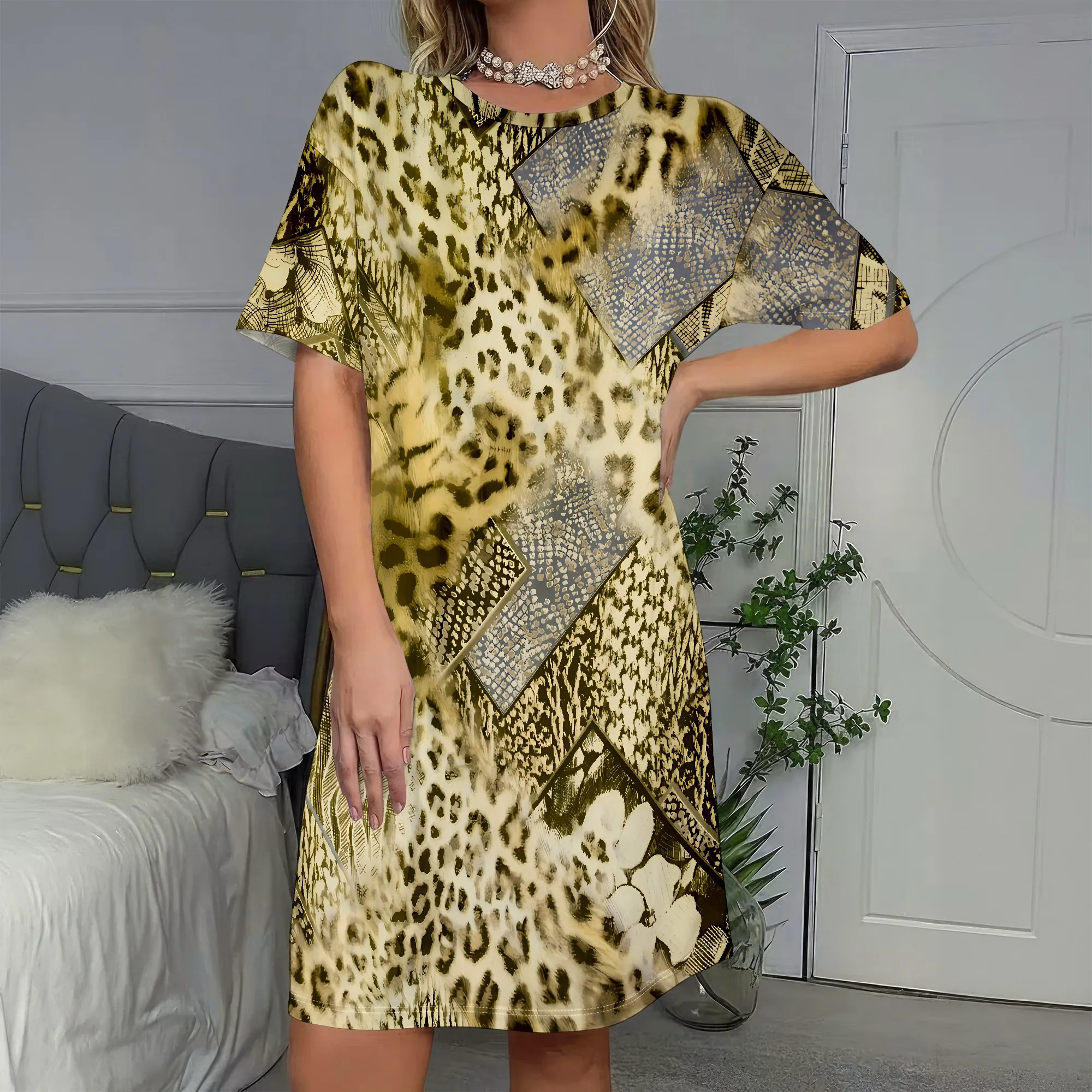 

Animal Print Short Sleeve Dress, Leopard Patchwork Tunic, Boho Beach Cover Up, Casual Loose Fit S-2XL