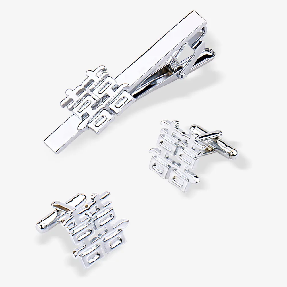 Gemelos de doble felicidad con palabra feliz, Clip de corbata de boda tradicional chino de aleación, botón de manga de novio de bendición roja