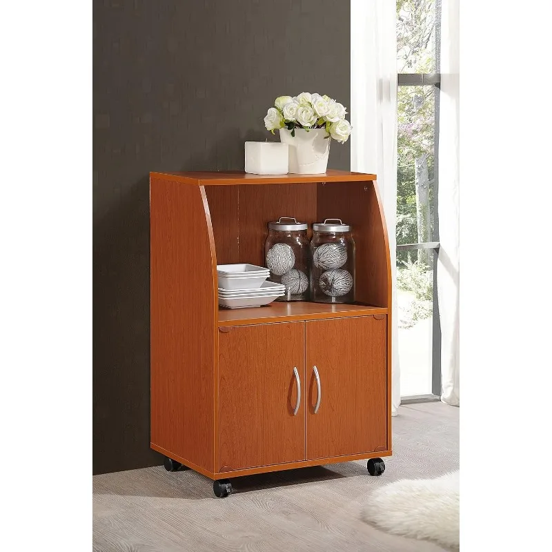 Mini Microwave Cart with Two Doors and Shelf for Storage, Cherry