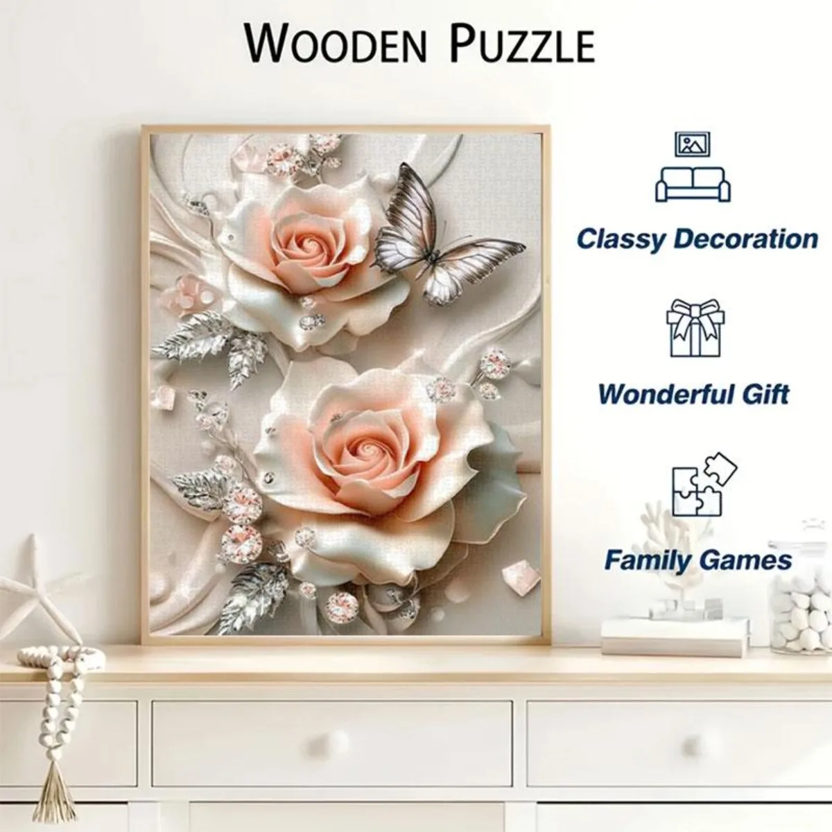 1000 قطعة من أحجية الورد ثلاثية الأبعاد مع فراشات فضية وبتلات وردية، الماس مزينة بحرفية رائعة للإغاثة إلى C #4