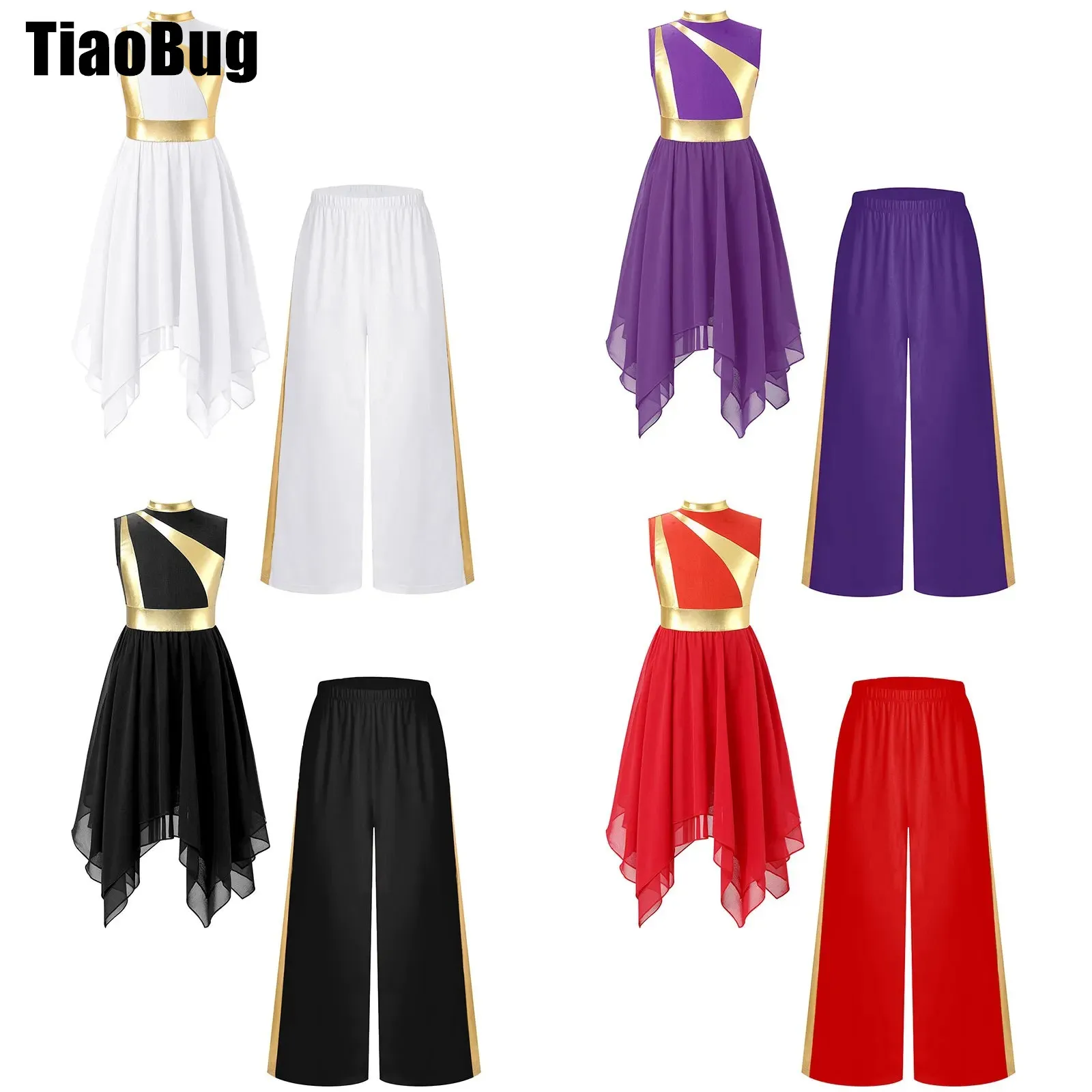 

Kids Girls Liturgical Praise Dance Sets Metallic Patchwork Sleeveless Asymmetrical Hem Lyrical Dress with Wide-Leg Pants