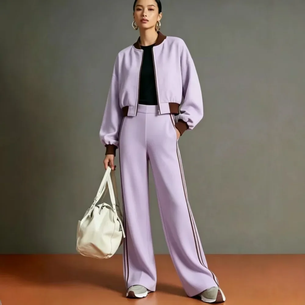 Women Sporty Casual 2 Piece Set Color Block Stripe Zip Jacket and Pants 2026 New