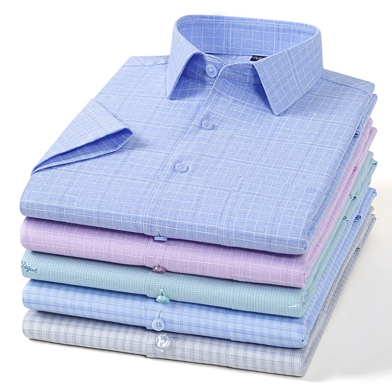 Bamboo fiber summer short sleeve shirts for man slim fit foraml plain shirt casual plaid tops printing elegant office clothes