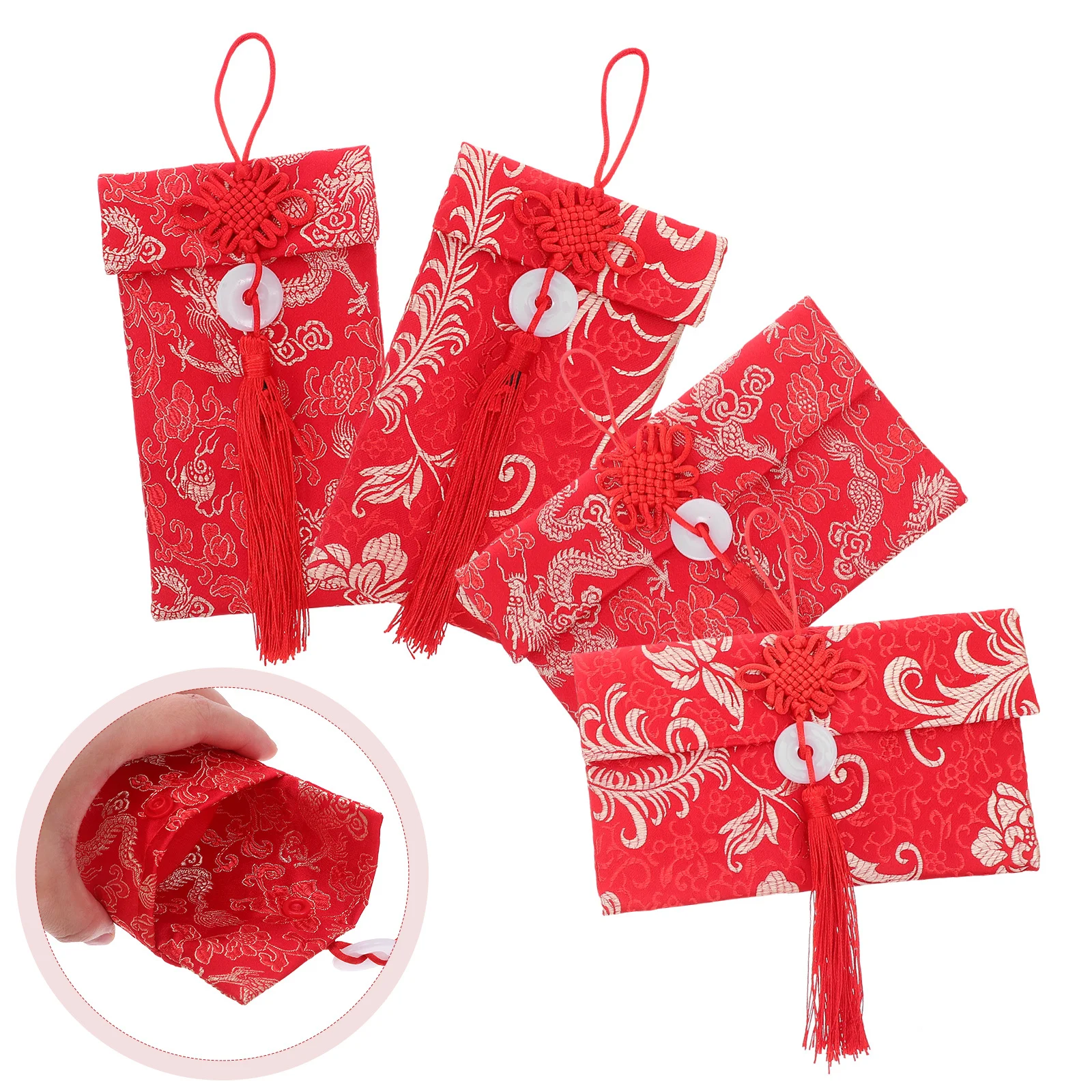 

4Pcs Fabric Red Envelopes Lunar New Year Traditional Chinese Knot Design Cloth Hongbao for Cash Cards Folding Red Packet