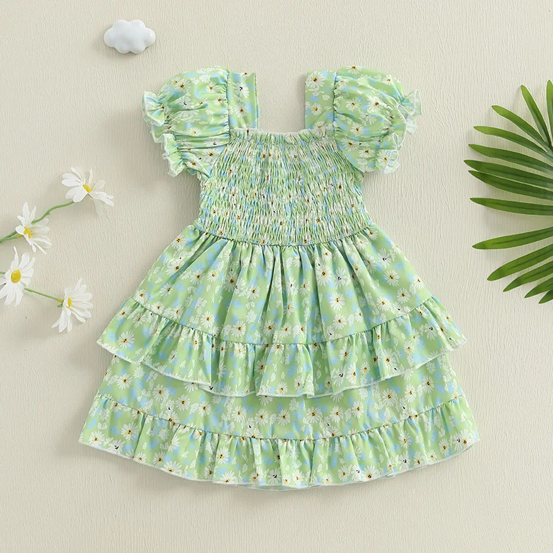 

Toddler Baby Girl Daisy Dress Smocked Square Neck Short Sleeve Layered Ruffle Dress Cute Summer Clothes