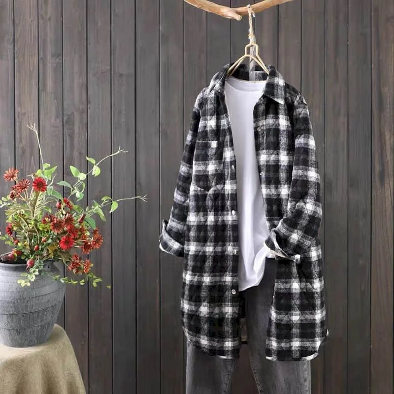 Quilted Shirts for Women Polo-neck Vintage Oversized Cardigans Long Sleeve Casual Coats Mid Length Plaid Cotton-padded Clothes