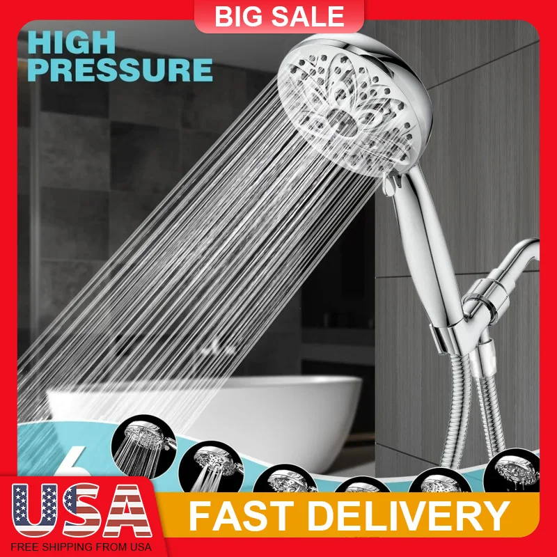 

High Pressure Shower Head 6 Setting Handheld with 59 Inch Hose Adjustable Bracket Anti Clog Nozzles for Bathing Pets Babies