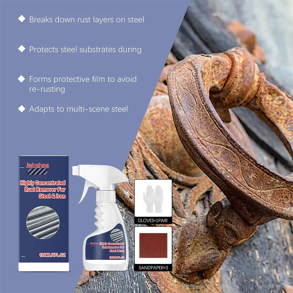 120ml Rust Remover Spray for Steel Iron Metal Rust Dissolver with Gloves Sandpaper Multi-Purpose Derusting Agent for Kitchen Bat