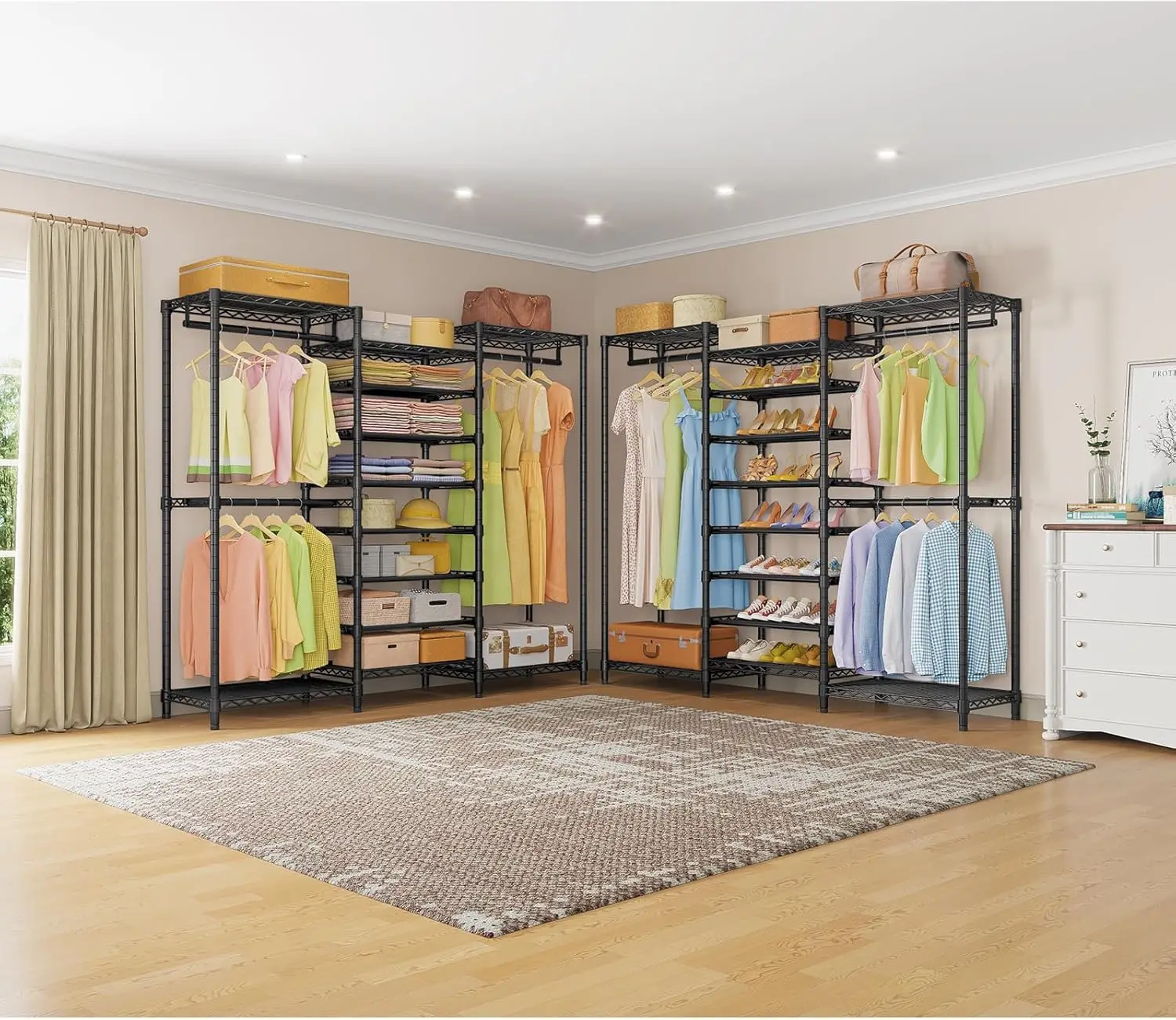 rment Rack Freestanding Clothes Rack Closet Storage Organizer Large Wardrobe with 6-Tier Shoe Rack, Hanging Rod, Adjustable Shel