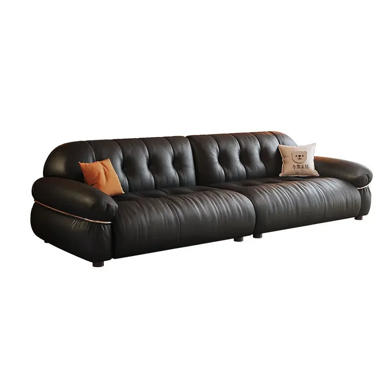 

French retro style living room small apartment Bauhaus style black sofa leather sofa
