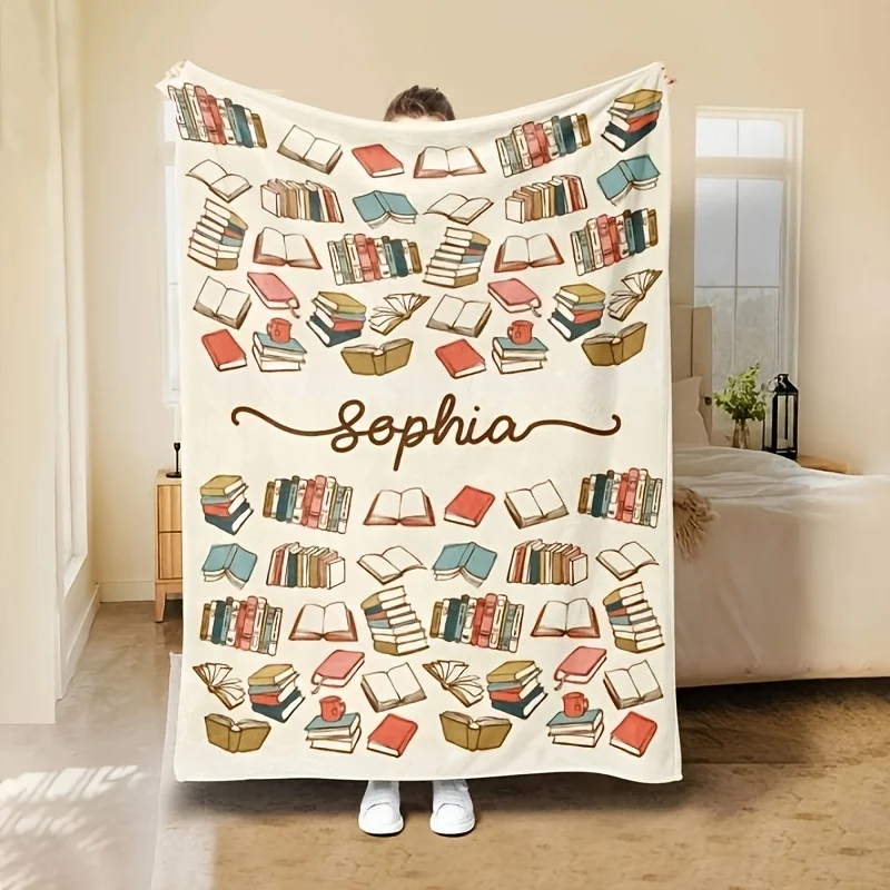 Personalized Book Lover Blanket Sophia Name Design Cartoon Books Pattern Soft Fleece Throw Gift For Readers Home Decor