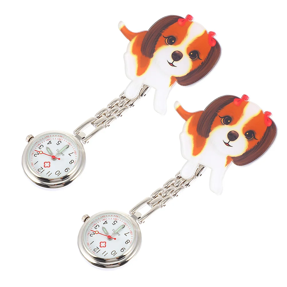 2 قطعة كارتون كلب صغير معلق ممرضة ساعة الجيب لطيف قابل للسحب سلسلة عملية دائمة التمريض ساعة الصدر