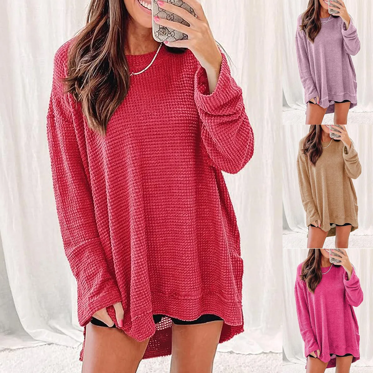 

Y2K women's fashion autumn and winter round neck solid color split top long sleeve loose casual office jumper T-shirt