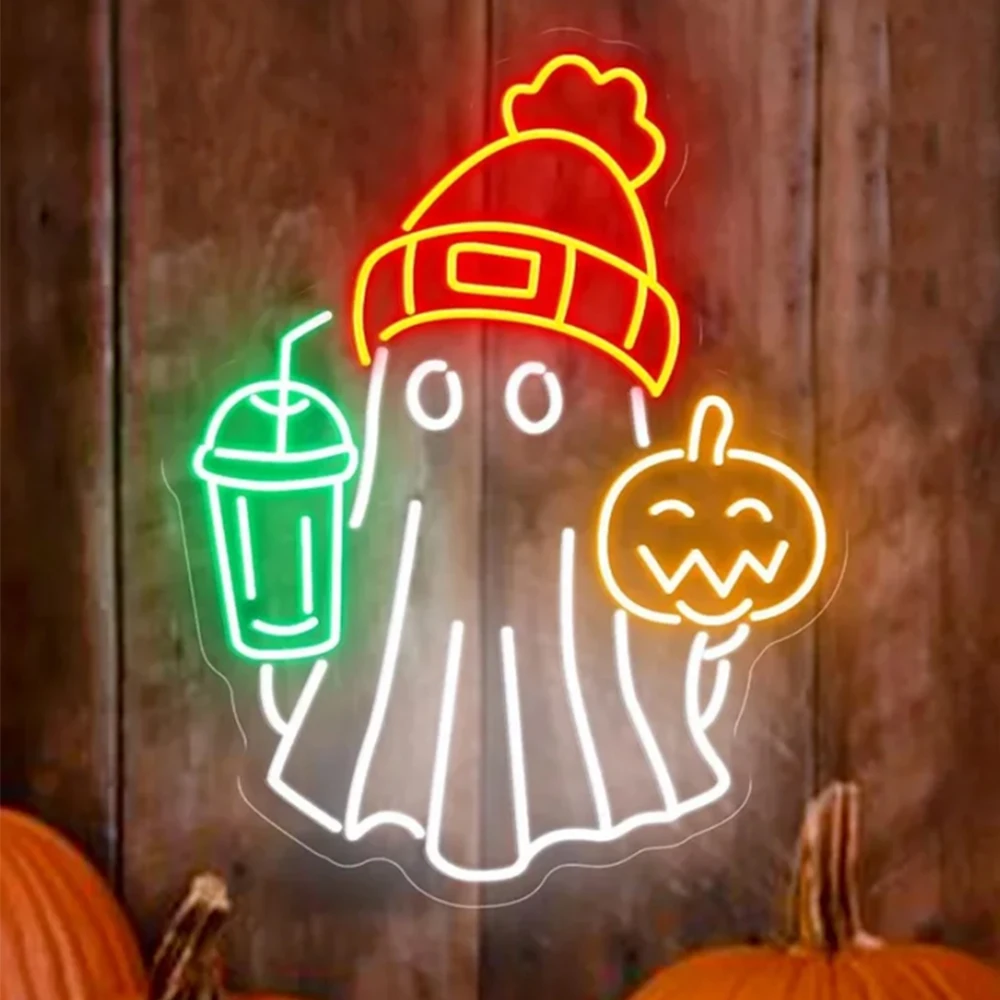 Ghost Pumpkin Neon Sign Halloween Art Wall Decor Led Light Up Sign For Room Decoration Dimmable for Party Bar Living Room Home