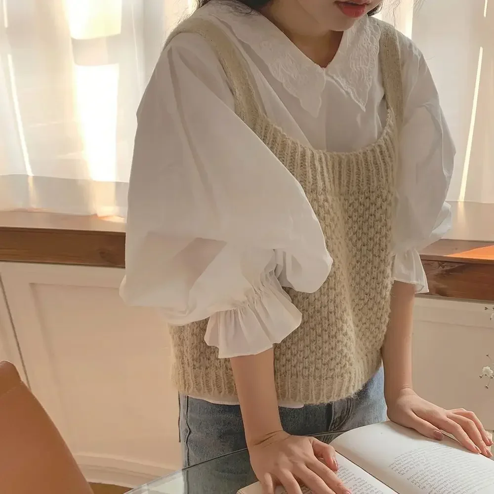 Korean Autumn Vintage Knitted Sweater Vest Women Round Neck Sweater Sleeveless Korean Chic Outside Waistcoat Pullover Tank Tops