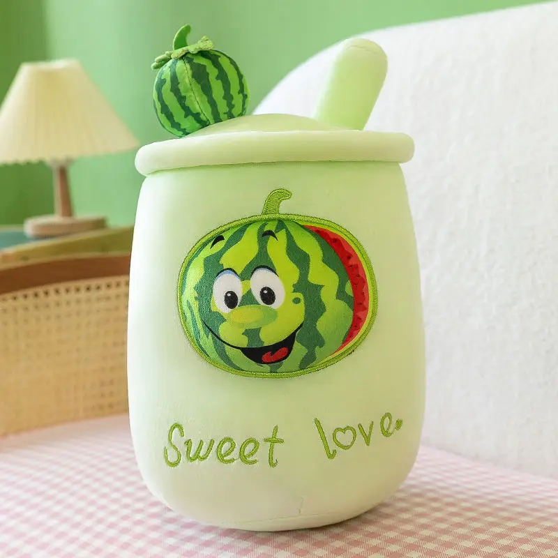 New Creative Cute Milk Tea Cup Pillow Kawaii Plush Toy Stuffed Watermelon Peach Blueberry Plushie Toy Tea Cup Kids Gifts Cushion