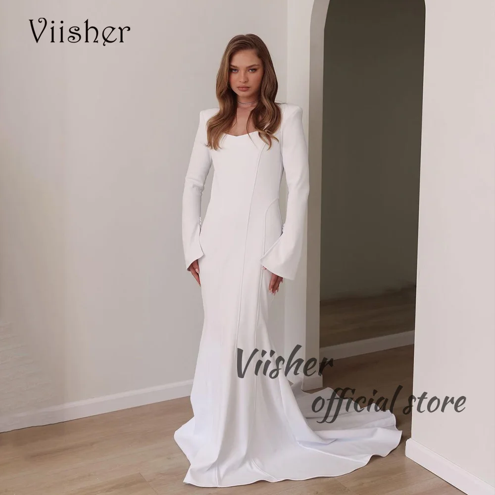 

Viisher White Meramid Wedding Dresses Long Sleeve Square Neck Bridesmaid Dress Mono Satin Elegant Woman Wedding Party Gowns