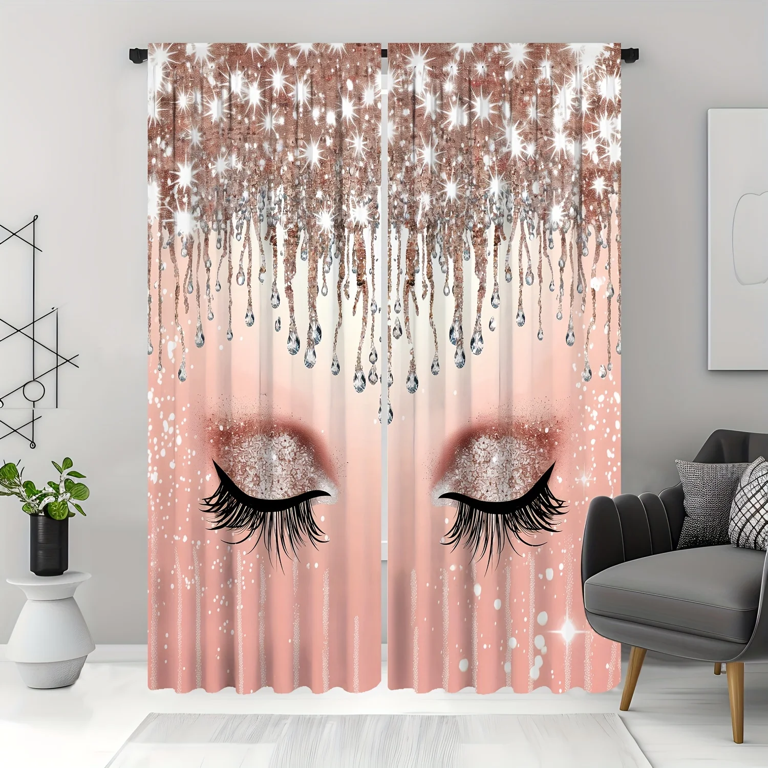 

2pcs Glitter Eyelashes Pattern Curtains Decorative Window Drapes Window Treatments For Bedroom Living Room Floor Window Blinds