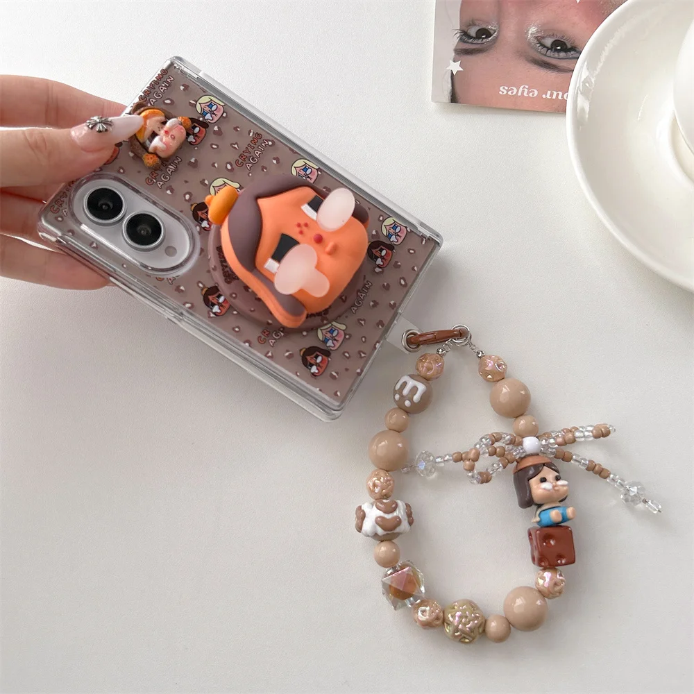 Kawaii brown Crying Girl Magnetic Phone Case for Samsung Galaxy Z Fold 8 Cover For Magsafe Lovely Stand Chain Z Fold 8 cover