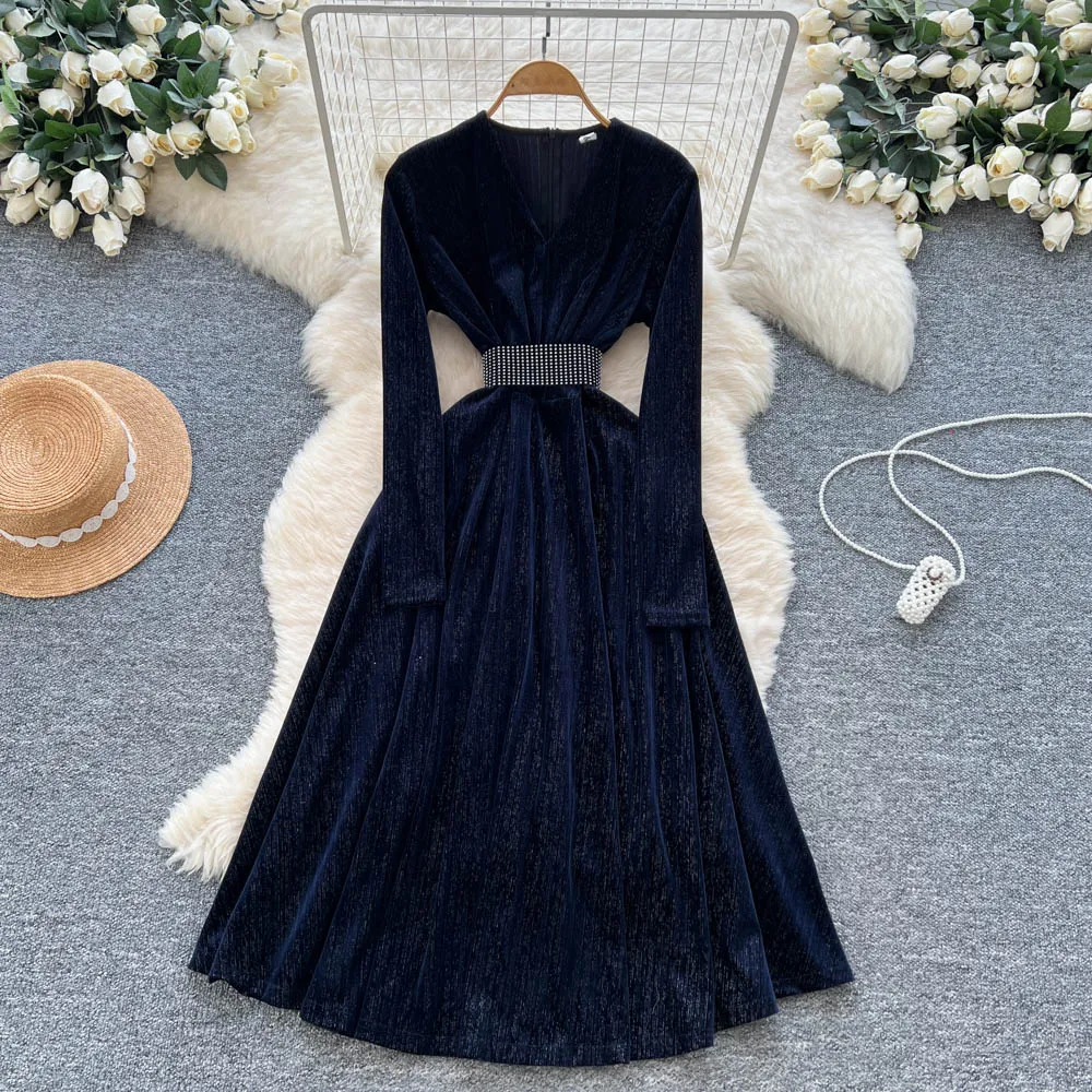 Sexy long sleeve V-neck slim glitter dress vintage Elegant Women Party korean fashion fairycore dresses