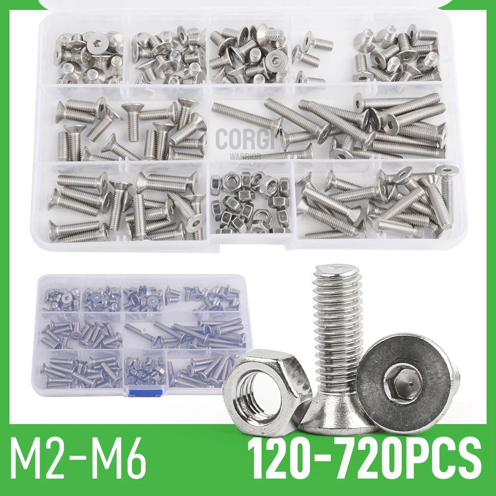 

720-120 Pcs Socket Flat Head Screw Nut Kit M2 M2.5 M3 M4 M5 M6 DIN7991 304 Stainless Steel Hex Countersunk Allen Bolt Nuts Set