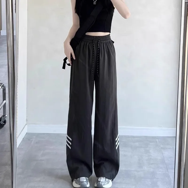 Spring and autumn large size retro design sense of women's new casual pants straight leg sports elastic high street black pants