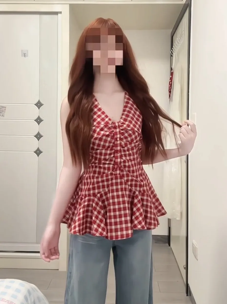 

Retro Red Plaid Vest irt Women's Summer New Design Waist-Cinching Slimming Svel Top French Sle Polyester Fiber