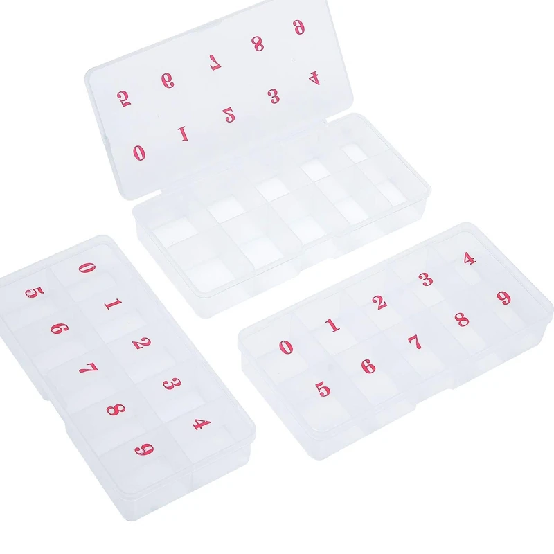 

ABGR-3Pcs False Nail Tips Transparent Storage Box With 10 Number Empty Spaces Storage Case Container Nail Art Organizer Box