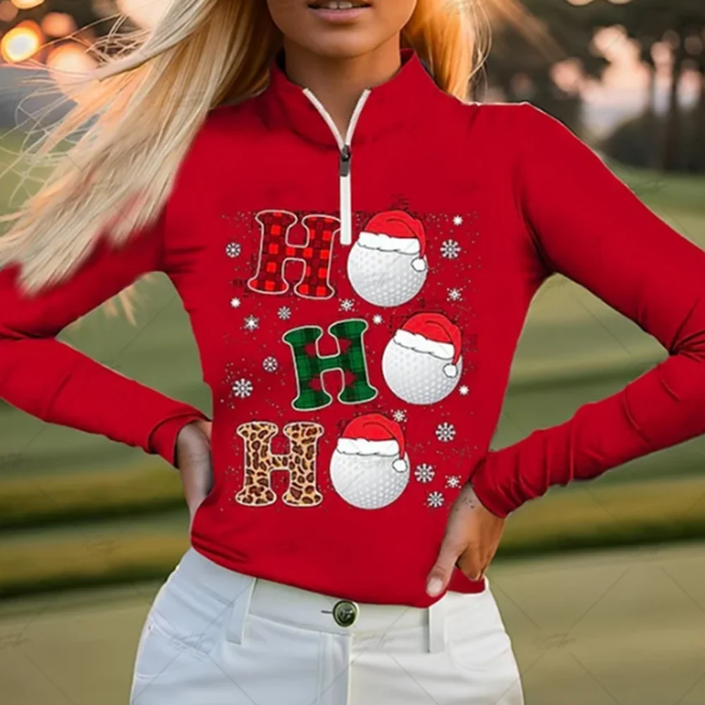 Ladies red Christmas printed long-sleeved golf shirt, quick-drying breathable golf club shirt, autumn and winter models.