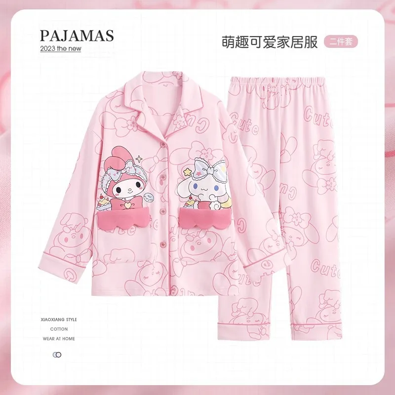 

2Pcs Children Pajamas Set Sanrio Kawaii Cinnamoroll Kuromi Cartoon Lapel Long Sleeved Fashion Casual Loose Cute Girls Homewear