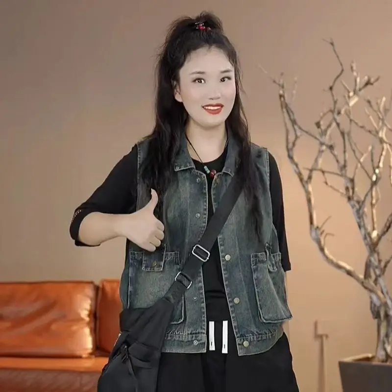 Sli Loose Women's Denim Vest Spring Autumn Faion Outerwear Trendy European Sle ort Coat Casual Straight Cut Design