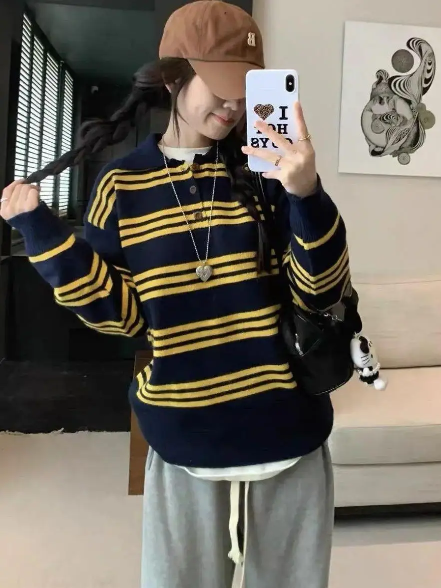 

Original American Retro Striped Neck Loose Knitted Long Sleeve T-Shirt Early Autumn Fashionable High-End Feel Casual Style
