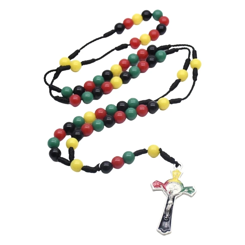 Colorful Beaded Crosses Pendant Necklace Religious Prayer Braids Rope Rosary Necklace for Christians Jewelry Accessories