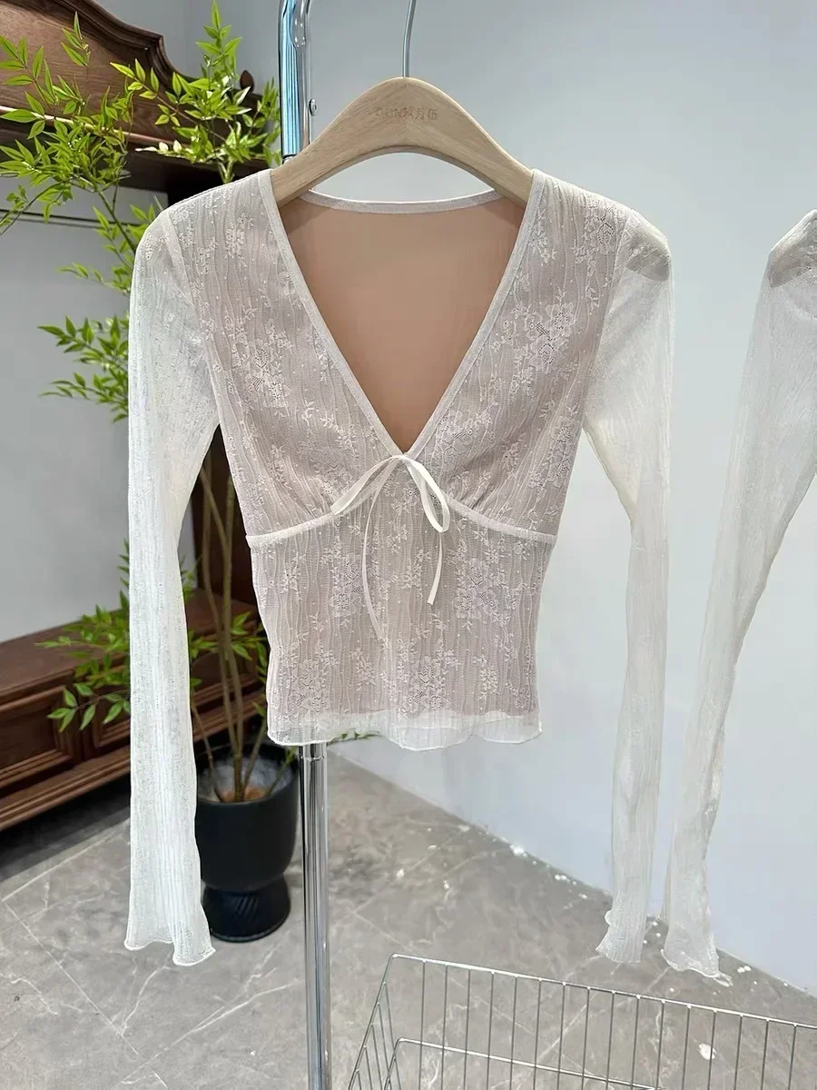 Moda coreana Crop Top y2k Estetica Dolce Patchwork di pizzo T-shirt a maniche lunghe con fiocco 2000s Abbigliamento donna Streetwear