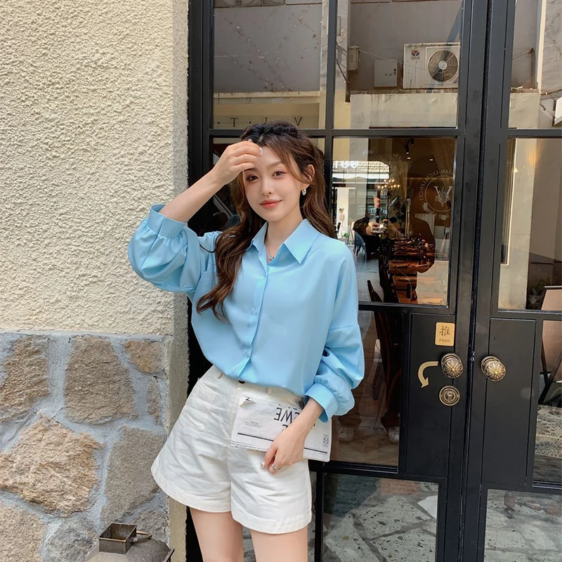 الحلوى اللون الحلو رقيقة قمصان النساء ربيع الخريف المتخصصة تصميم عصري زر قمم Ins نمط فضفاض رفض طوق قميص