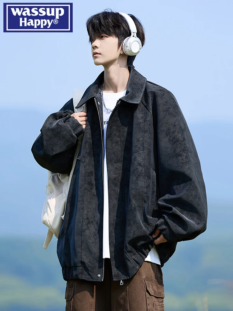 

WASSUP HAPPY American Retro Suede Jaet Men's Loose Casual Lapel Coat Spring Autumn Winter Large Size Outdoor Wear
