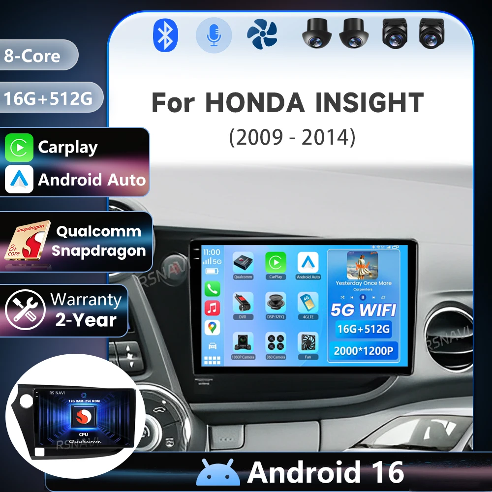Android 16 Carplay Auto For Honda Insight 2 2009 2010 2011 - 2013 2014 Multimedia Car Radio Player Video Stereo 24-Hour Shipping