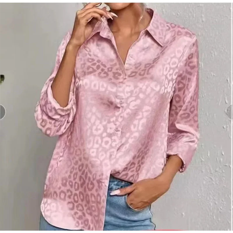 Women Satin Silk Shirts Leopard Print 2023 Spring Autumn Vintage Blouse Button Up Lady Long Sleeves Tops Female Loose Shirts