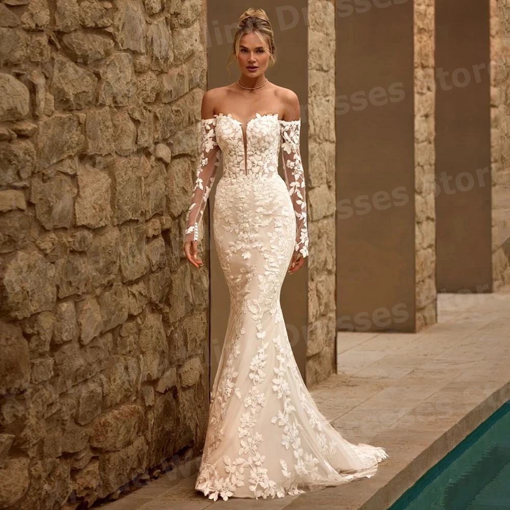 

Gorgeous Mermaid Women's Wedding Dresses Off Shoulder Lace Appliques Vestido De Novia Bride Gowns Customized Long Sleeve Vestido