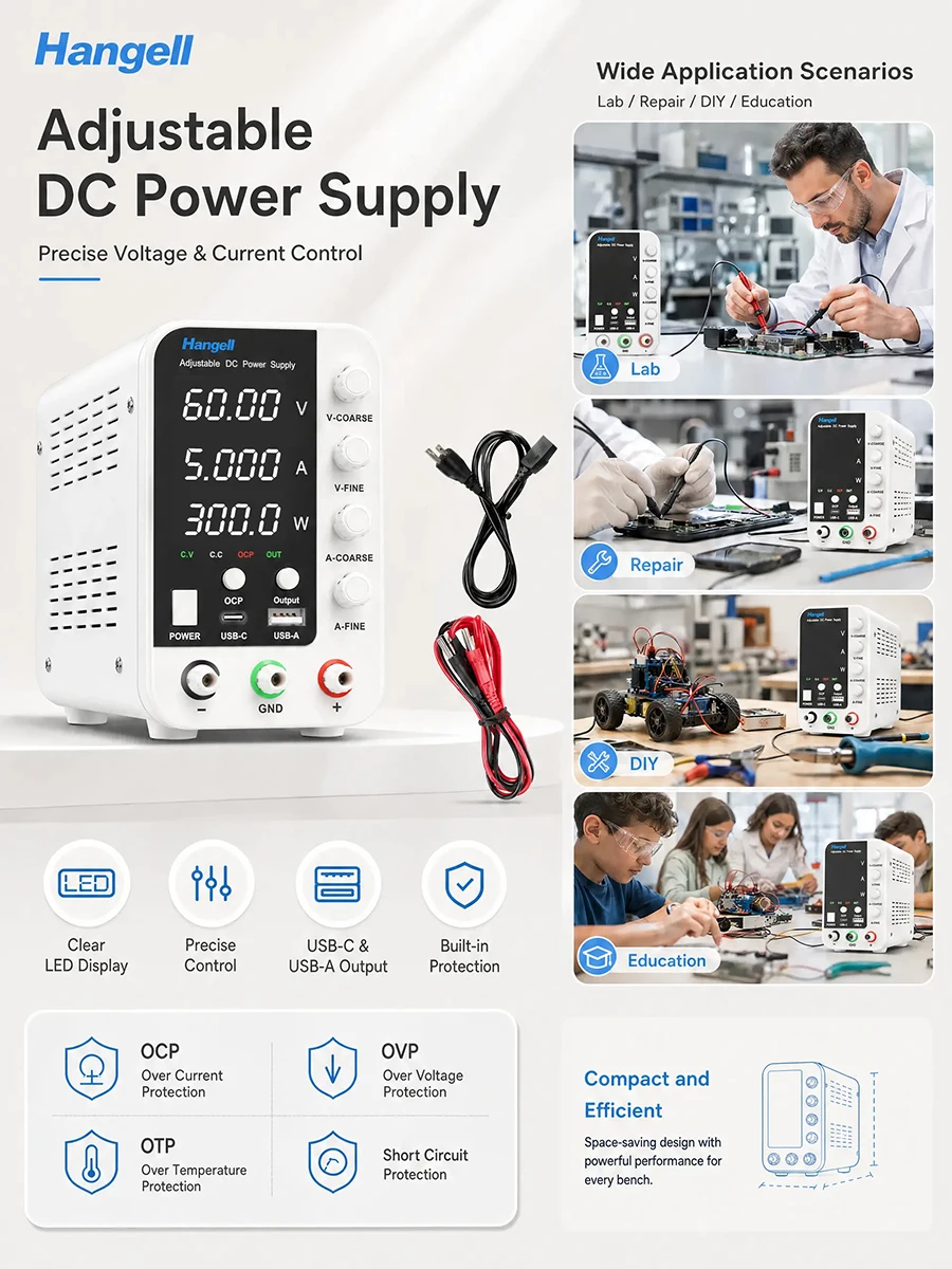 Imagen 7: Fuente de Alimentación de Laboratorio DC 30V 60V 120V, Regulador de Voltaje Conmutable, Control de Corriente Preestablecido Práctico, Adaptador de Corriente para Laboratorio