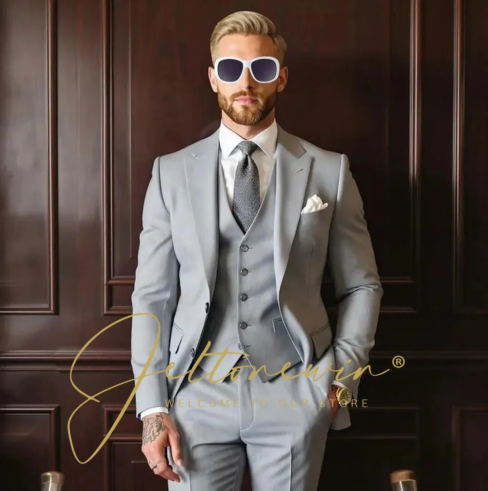 

Fashion Casual Light Grey Suits for Men Peaked Lapel Male Blazer Set Formal Wedding Party Tuxedos 3 Pieces (Jacket+Vest+Pants)