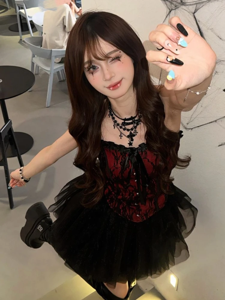 Ensemble 2 pièces rétro Sexy pour fille épicée, haut sans bretelles + jupes bouffantes, mode gothique Y2k, tenues de fête douces, Harajuku, nouvelle collection