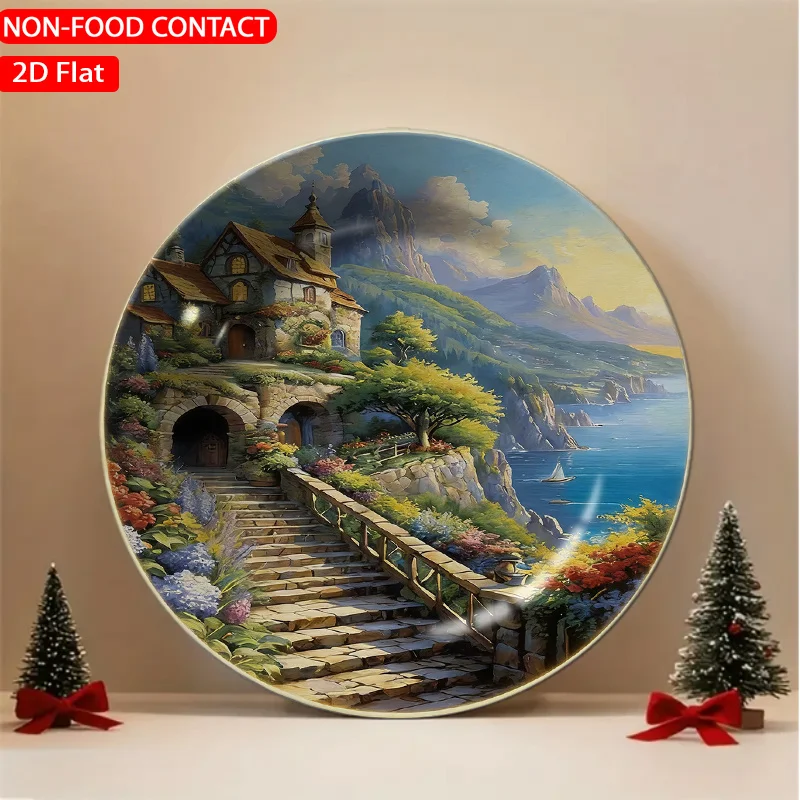 1pc 1pcs Fantasy Landscape House Ceramic Plate - Colorful Suitable for Home Desk Decor, Non-Food Contact Ornament with