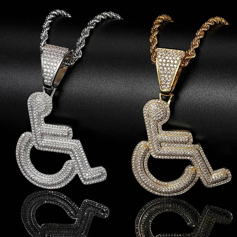 Hip Hop 3A+ CZ Stone Paved Bling Iced Out Disability Sign Wheelchair Pendants Necklace for Men Rapper Jewelry Gold Silver Color