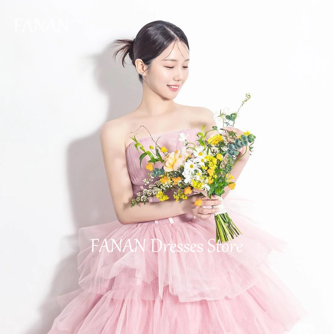 FANAN Strapless Sleeveless Tulle Evening Party Dresses Pink Tiered  Korea Corset Wedding Women Formal Gowns Event Prom Gowns