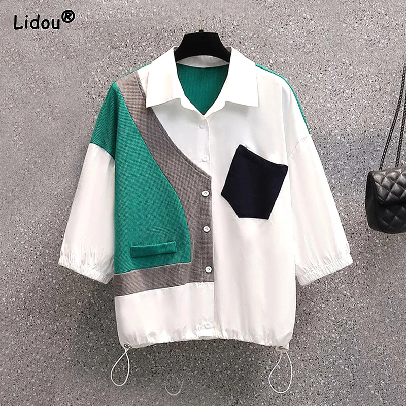 Fashion Summer New Patchwork Solid Color Half Sleeve Casual Shirts Straight Loose Thin Comfortable Korean Women\'s Clothing 2022