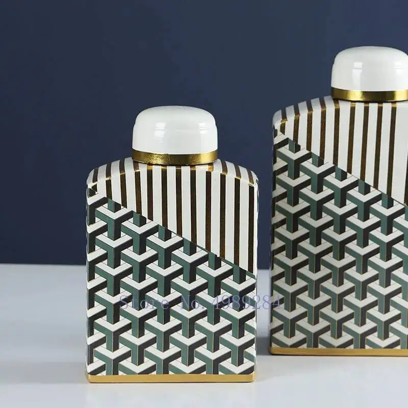 Ceramic Jar Square with Cover Vase Geometry Handicraft Furnishings Golden Retro Ceramic Decorative Jar Home Decoration Vases